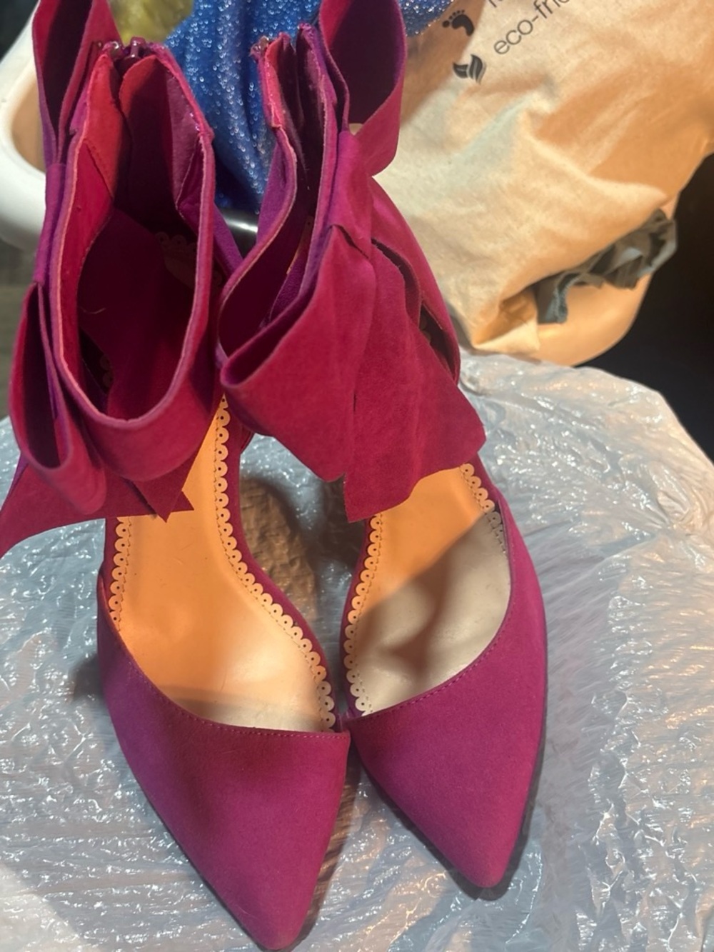 Madison Fuchsia Pointed-Toe Ankle-Tie Suede Heels